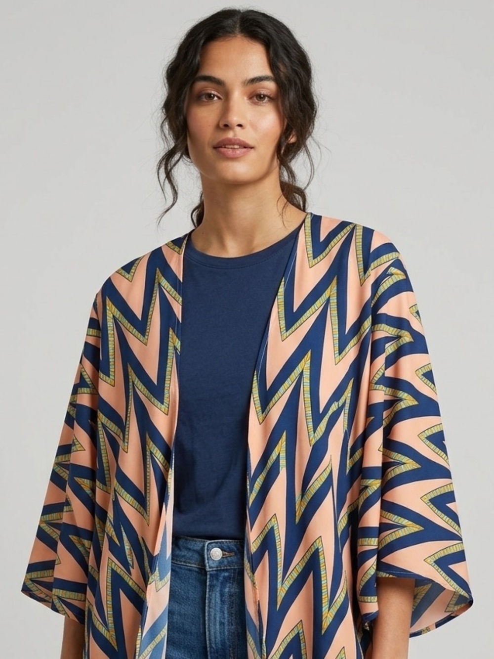 Wonderland Honolulu Wrapped Peach & Navy boho Geometric Kimono- one size
